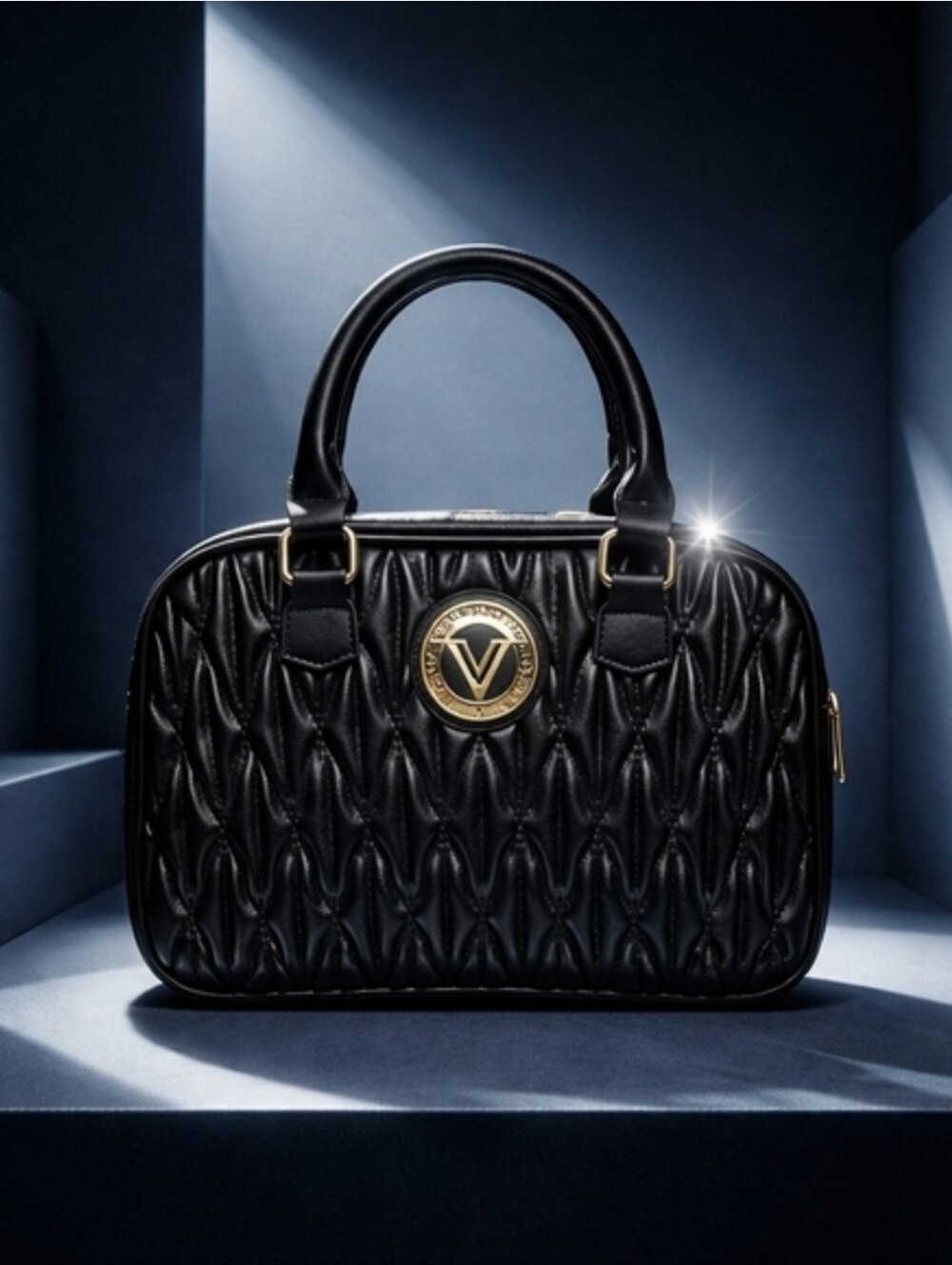 NWT Valentino Orlandi Black Quilted Leather Crossbody Satchel Gold V Logo - Picture 11 of 13